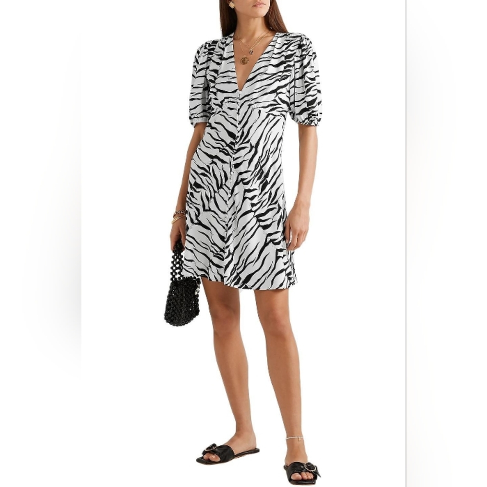 RIXO Zanita Zebra Print Crepe de Chine Mini Dress
